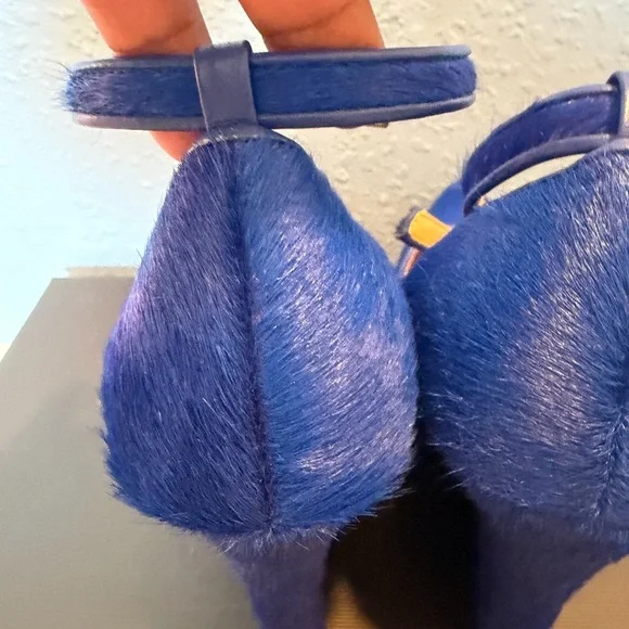 Ann Taylor Platform Wedge Heels Blue Haircalf Leather Ankle Strap Buckle 7M - Picture 7 of 10